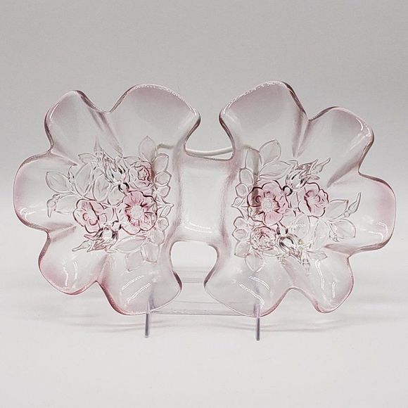 Mikasa Vintage Rosella Frosted Pink Floral Crystal Divided Glass Dish - Picture 13 of 14